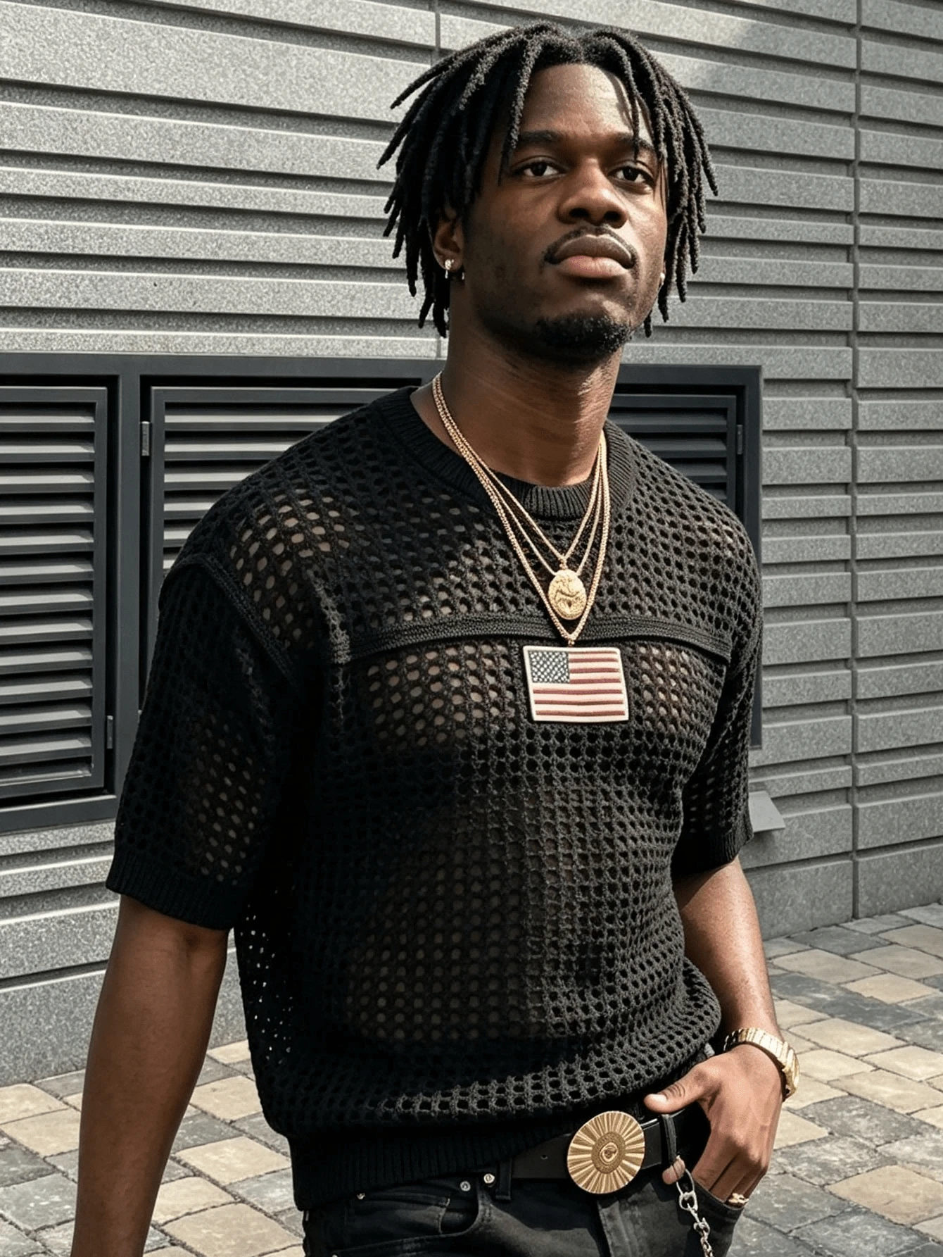 ANDREILEE Men's Knitted Top, Neutral Casual Street Style, American Flag Hollow Out Semi-Sheer Short Sleeve Loose Crew Neck Pullover T-Shirt, Spring/Summer - Black - View 1