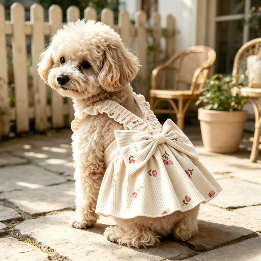 Atasan Corduroy Motif Anjing Vintage, Camisole Bergaris Vertikal Corduroy Motif Kartun Bunga di Seluruh Permukaan dengan Hiasan Ruffle - Aprikot - View 1