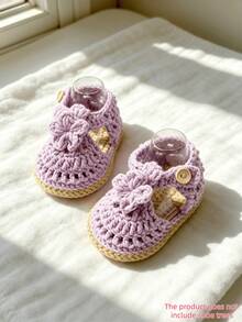 1 Pair Crochet Infant Boots, Beige Floral Pattern, Handmade Woven Straw Shoes - Mauve Purple - View 8