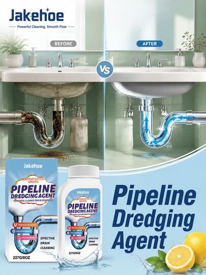 jakehoe Drain Unclogging Cleaner, Effectively Dissolve Grease, Hair And Various Stubborn Blockages Lower Clog Recurrence Deodorizing Cleaning Powder For Kitchen Sinks And Toilet Pipelines