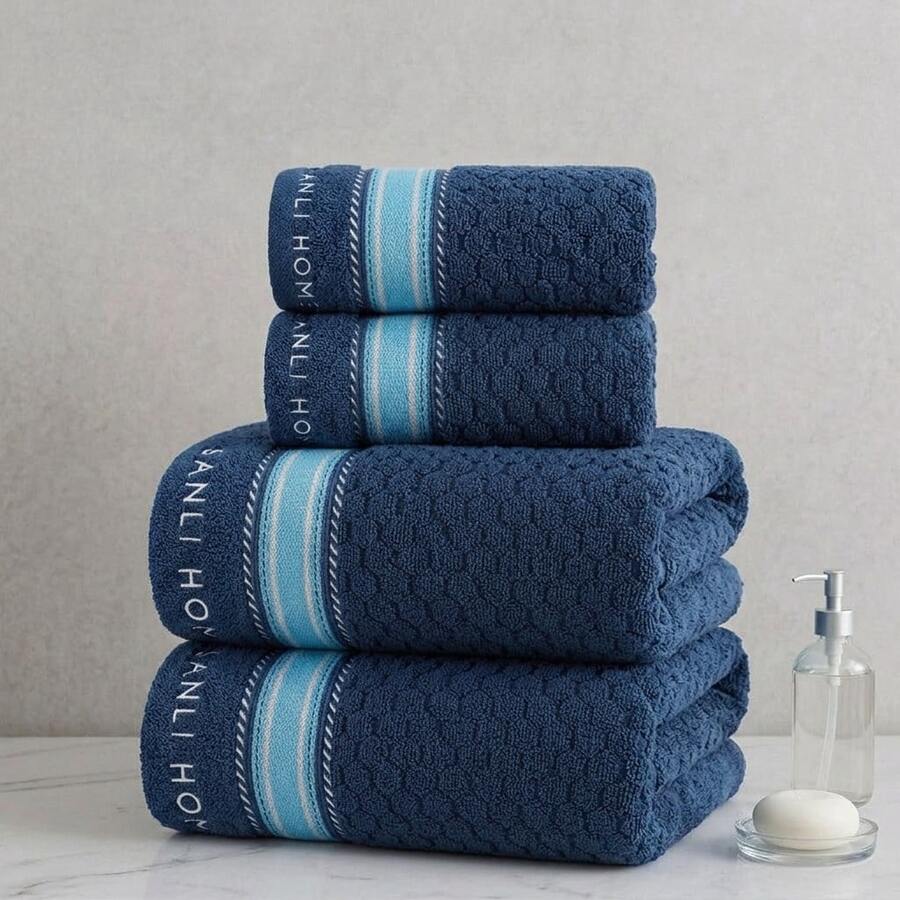 4pcs Navy Blue/White/Brown Striped 3D Waffle Embroidered 100% Pure Cotton Bath Towel And Hand Towel Set, Minimalist Soft Skin-Friendly High Absorbency Quick Drying, Suitable For Home/Hotel/Travel/Gym/Bathroom - Navy Blue - View 1
