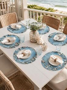 Coastal Style Round Placemat, Blue Wood Grain Starfish Shell Fishing Net Anchor Print Table Mat, Nautical Beach Ocean Theme Dining Table Decor, Suitable For Kitchen Dining Room Patio And Seaside Vacation Home Summer Party Daily Meal Table Setting - Multicolor - View 7