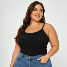 Regata Alcinha Feminina Plus Size Canelada Básica - preto - Visão 1