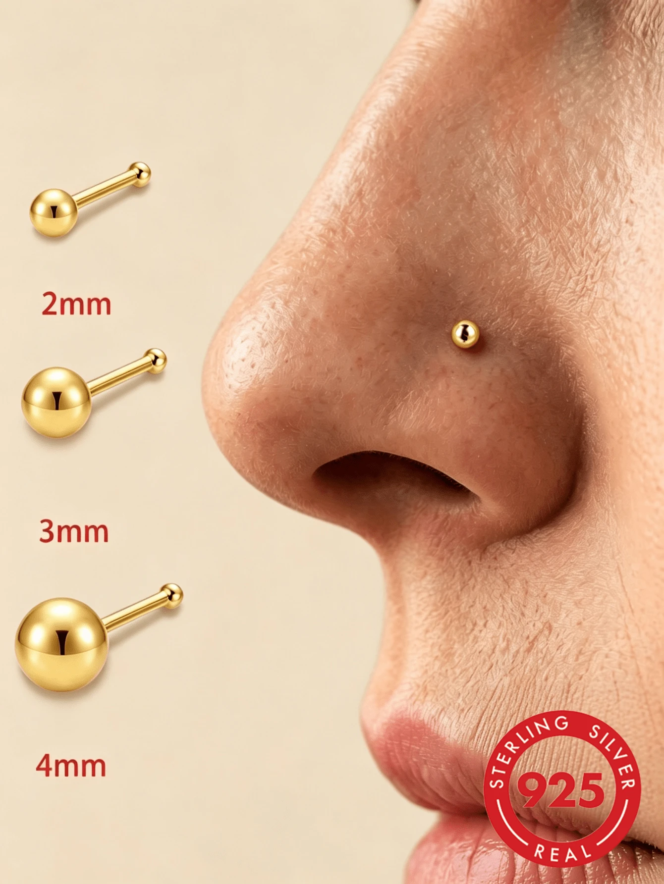 1件 2mm-4mm 925純銀直桿L型鼻釘環，男女通用穿刺飾品，低過敏唇釘式壓入式耳環 - 金色 - 查看 1