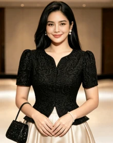 現代菲律賓風女式上衣 蝴蝶袖平價 Bolero Peplum 澎澎袖優雅上衣 - 黑色 - 查看 1