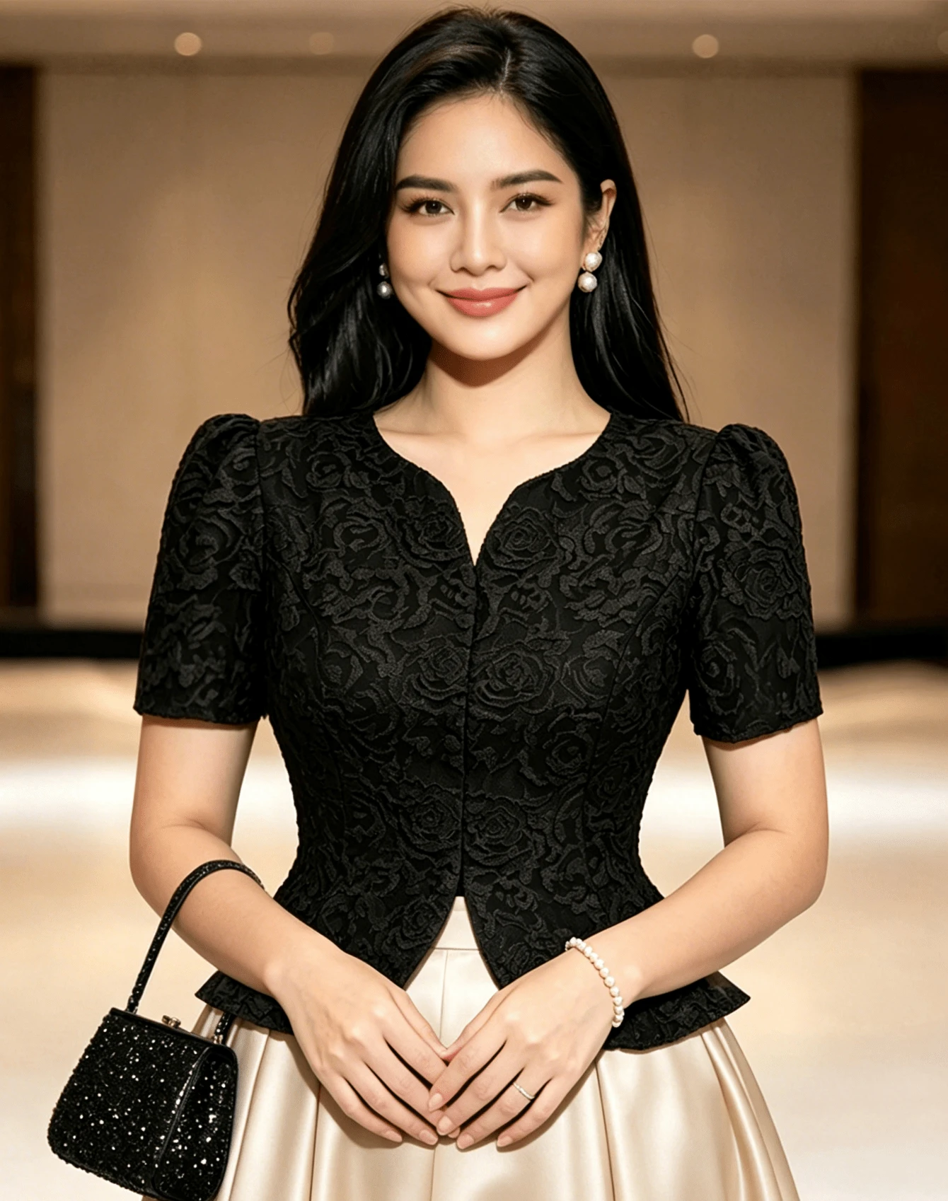 現代菲律賓風女式上衣 蝴蝶袖平價 Bolero Peplum 澎澎袖優雅上衣 - 黑色 - 查看 1