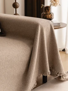 1pc Minimalist Solid Color All-Season Sofa Cover With Tassel Trim, Non-Slip Furniture Protector, Pet-Friendly Sofa Slipcover For 1/2/3/4 Seater And Sectional Sofas, Suitable For Living Room, Bedroom And Home Decor - Camel - View 7