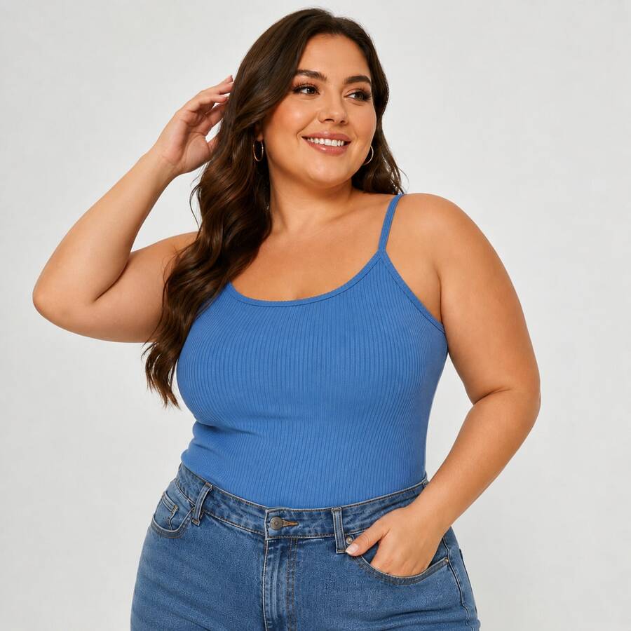 Basic Ribbed Spaghetti Strap Tank Top Plus Size - Blau - Übersicht 1