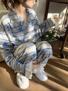 Set Piyama Wanita Motif Garis-Garis Pentagram Blok Warna, Musim Semi/Gugur, Hiasan Renda, Set Pakaian Santai yang Nyaman, Elegan - Grey - View 9