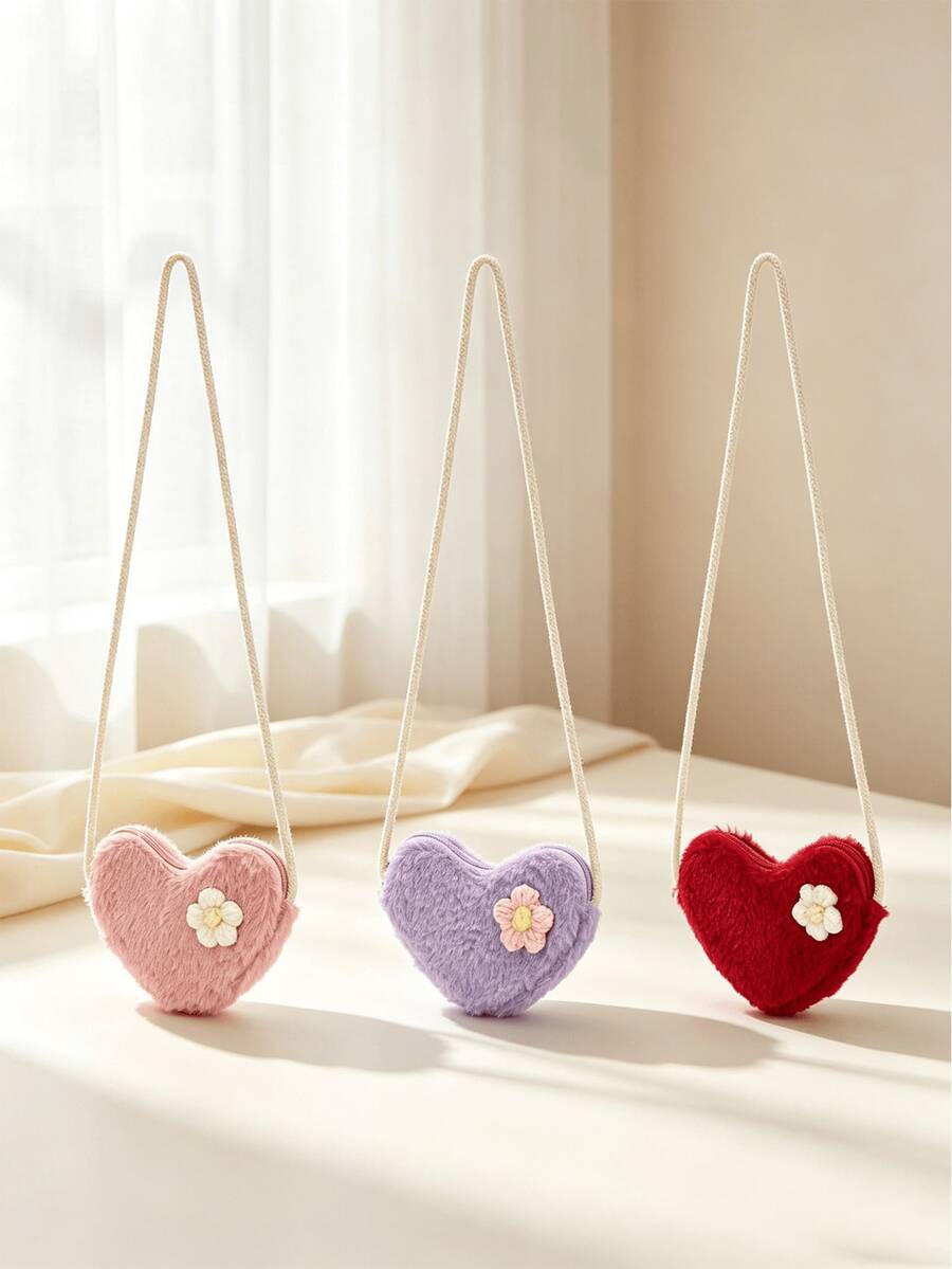 1pc Autumn/Winter Plush Heart Cute Shoulder Crossbody Bag Mini Flower Small Crossbody Bag - Plush - View 1