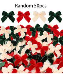 50/100/200pcs Mini Christmas Velvet Bow, Red, Green, Cream | Christmas DIY Crafts, Small Christmas Ribbon Bow, Christmas Tree Decorations Sewing Scrapbook Gift Packaging - Three-color Bow - View 9