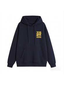 Women's Vintage Letter Graphic Hoodie, Casual Loose Fit Drop Shoulder Long Sleeve Pullover Sweatshirt For Fall/Winter - Navy - View 6
