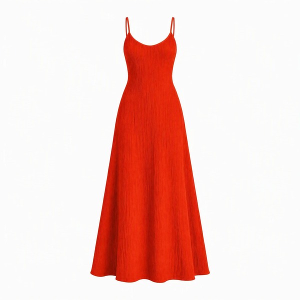 Vestido longo alça fina decote V, tecido texturizado com rugas, saia ampla fluida, vestido de férias praia feminino