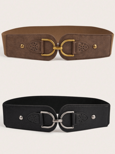 2pcs Women's Solid Color Casual Party Sexy Street Elegant Western Style Buckle Elastic Waist Belt, Versatile For Jeans, Leather Skirts, Waist-Cinched, All-Season