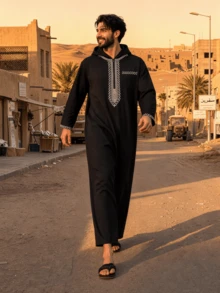 New Men's Loose Hooded Robe Luxury Men's Embroidered Long Sleeve Clothing Robe Middle East Juba Sobey Traditional Men's Robe - Black - View 2