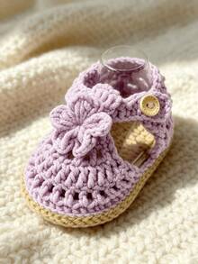 1 Pair Crochet Infant Boots, Beige Floral Pattern, Handmade Woven Straw Shoes - Mauve Purple - View 4