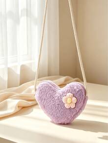 1pc Autumn/Winter Plush Heart Cute Shoulder Crossbody Bag Mini Flower Small Crossbody Bag - Plush - View 9
