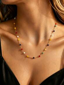 VceTd 2PCS Fashion Vacation Layered Style Stainless Steel Women's Necklace Set With Random Beaded Chain And Cross Pendant Y-Shaped Necklace, Suitable For Daily Wear, Vacation Or Holiday Gift - Yellow Gold - View 5