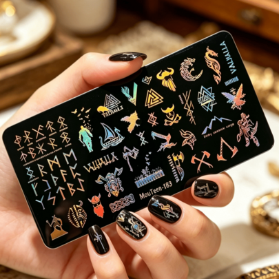 MouTeen 183 Holographic Viking Nail Stamping Plate Retro Nordic Rune Dragon Warrior Nail Art Template Etching Ancient Nordic For DIY Nails Tool