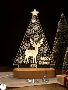 1PC Personalized Christmas Tree Deer Acrylic LED Night Light, Custom Name Holiday Lamp With Wooden Base, Snowflake Reindeer Xmas Table Decor, Winter Bedroom Home Decoration, Festive Gift - Multi-color 8 - View 2