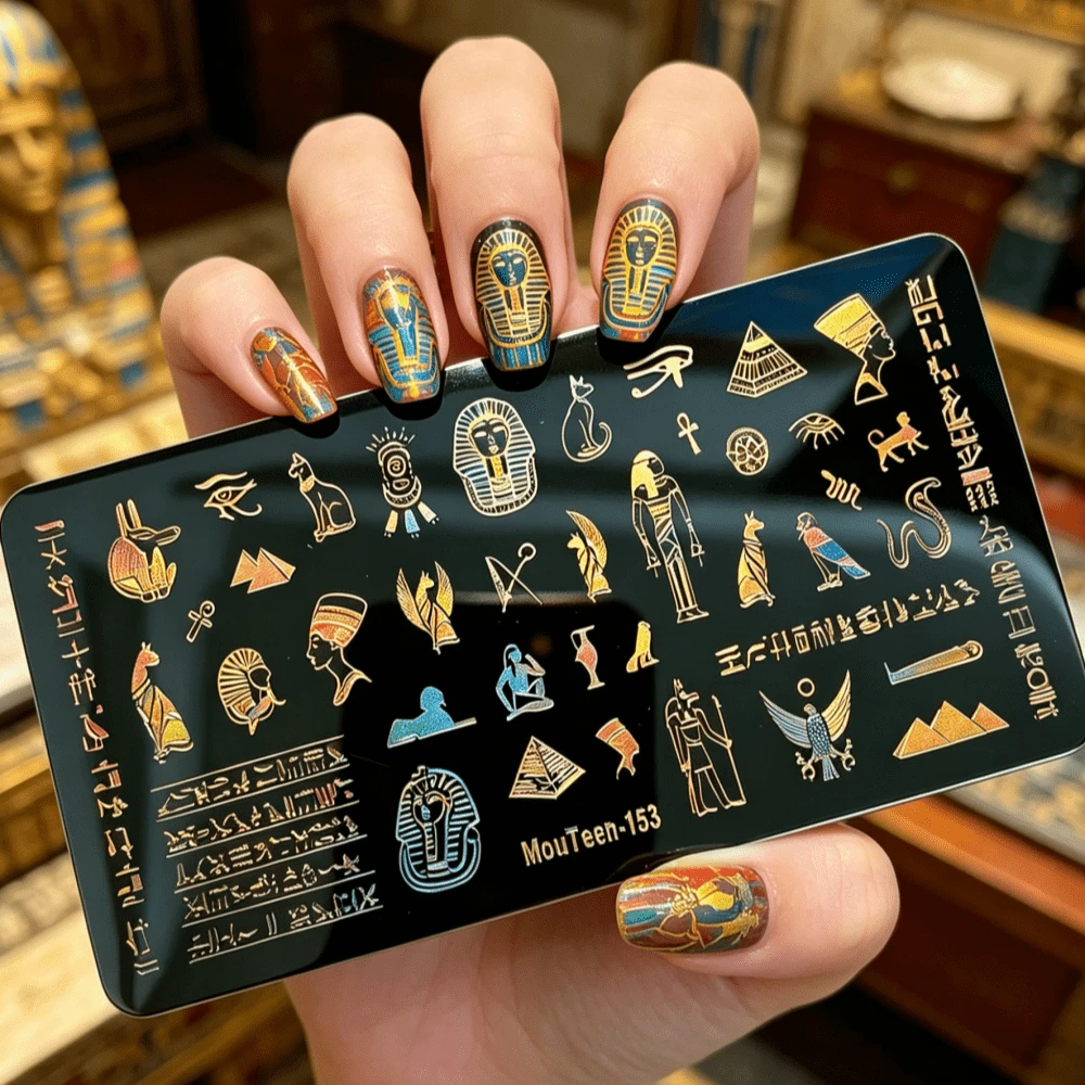 MouTeen153 Ancient Egyptian Nail Stamping Plate Pharaoh Pyramid Hieroglyphics Nail Art Stamp Plate Cat God For Nails Tool - Multicolor - View 1