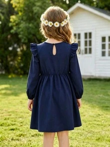 Girls' Navy Blue Floral Print Long Sleeve Dress, Ruffle Shoulder Puff Sleeve A-Line Casual Dress, Suitable For School, Daily Wear And Outdoor Activities - Navy Blue - View 2