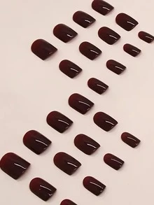 Press-On Fake Nails, Full-Coverage Reusable Press-On Nail Set With Adhesive Tabs And Nail File, (Red, 24 Pieces) Nail Art Supplies Suitable For All Occasions - Burgundy - View 3