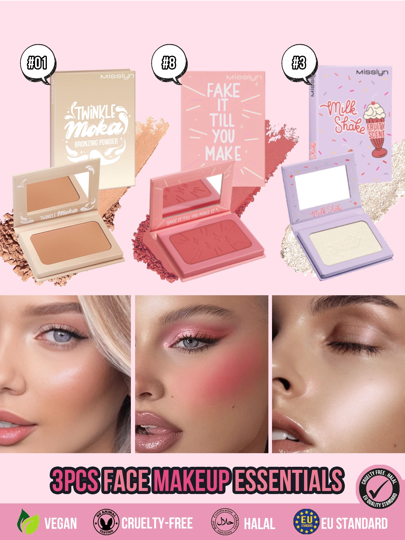 MISSLYN 3Pcs Face Makeup Set, Bronzer Blush Highlighter Trio, Smooth Blendable Powder, Natural Sunkissed Glow, Rosy Cheek Color, Luminous Highlight Finish, Lightweight Face Makeup For Daily Wear, Party & Y2K Looks, Beauty Gift - #01+#8+#3 - View 1