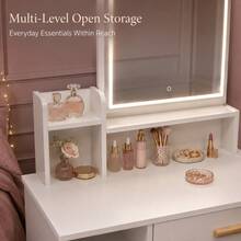 White Makeup Vanity Desk With LED Mirror, 3-Level Adjustable White Light & Touch Control, Spacious Drawer, Open Shelves And Side Cabinet With Removable Shelf, Compact Dressing Table For Bedroom, USB Powered - White - View 7
