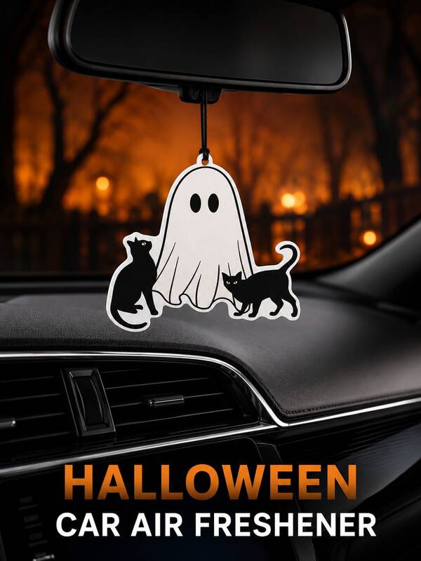 1 buah Pengharum Mobil Halloween Hantu dengan Kucing Hitam, Kartu Pengharum Gantung Kaca Spion yang Lucu, Dekorasi Interior Kendaraan yang Menyeramkan dan Aksesori Mobil Musiman untuk Wanita dan Pria, Aroma Apel, , atau Permen Kapas, Tersedia 5 Desain