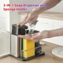 3-In-1 Multifunctional Soap Dispenser & Sponge Holder Sink Organizer Tray - Freestanding Countertop Storage Box With Pump Head, Durable Stainless Steel Material, Suitable For Kitchen And Bathroom Sinks | No Electricity Required | Space-Saving Design | Ideal For Dishwashing And Hand Cleaning Supplies - View 8