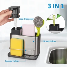3-In-1 Multifunctional Soap Dispenser & Sponge Holder Sink Organizer Tray - Freestanding Countertop Storage Box With Pump Head, Durable Stainless Steel Material, Suitable For Kitchen And Bathroom Sinks | No Electricity Required | Space-Saving Design | Ideal For Dishwashing And Hand Cleaning Supplies - View 4