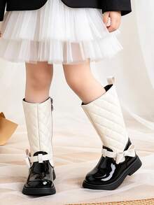 1 Pair Fashionable Girls' Gentle Style Rhombus Pattern Mid-Calf Boots, Side Zipper Bow Decor College Style Leather Boots, Suitable For Daily Wear, Suitable For Outdoor Activities, Suitable For Autumn/Winter - Beige - View 1