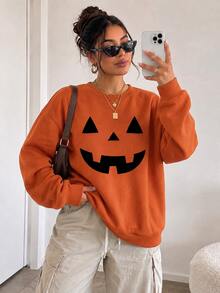 Women's Halloween Autumn/Winter New Loose Round Neck Sweatshirt, Minimalist Letter Print, Orange, Casual Fashion Versatile Long Sleeve Top - Orange - View 3