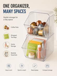 1pc 2-Tier Clear Coffee Capsule Organizer, Transparent Plastic Stackable Desktop Storage Bin With Front Open Design, Coffee Pod Tea Bag Organizer For Kitchen Counter, Coffee Bar, Fall Home Organization - Transparent - View 6