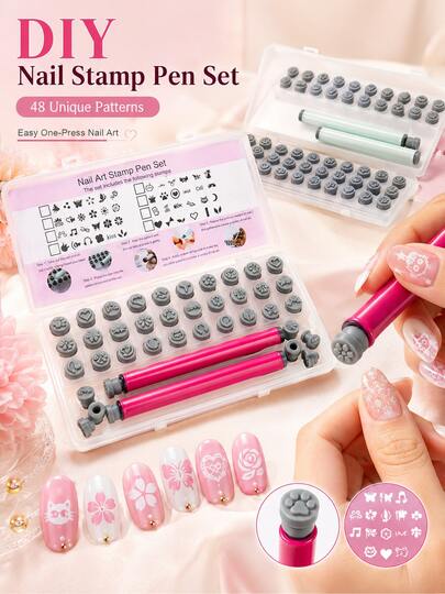 Nail Art Stamp Pen Set, 1/2/3pcs DIY Nail Pens With 10/15/20/36/48pcs Replaceable Silicone Stamp Heads, Reusable Nail Stamping Kit, Suitable For Gel Polish And Nail Stickers, Includes Storage Box, Women & Girls Nail Care Supplies, Home Salon, Halloween Christmas Gift