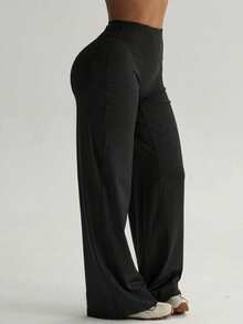 Women's Plus Size Black Knit Flare Pants, High Elasticity, Fashionable And Elegant Style - Black - View 4