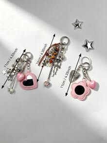 1pc Fashion Pink Mirror With Beaded Chain Pendant Bag Accessory Charm Keychain, Suitable For Women's Shoulder Bag, Tote Bag Charm, Keychain Pendant - Multicolor - View 2