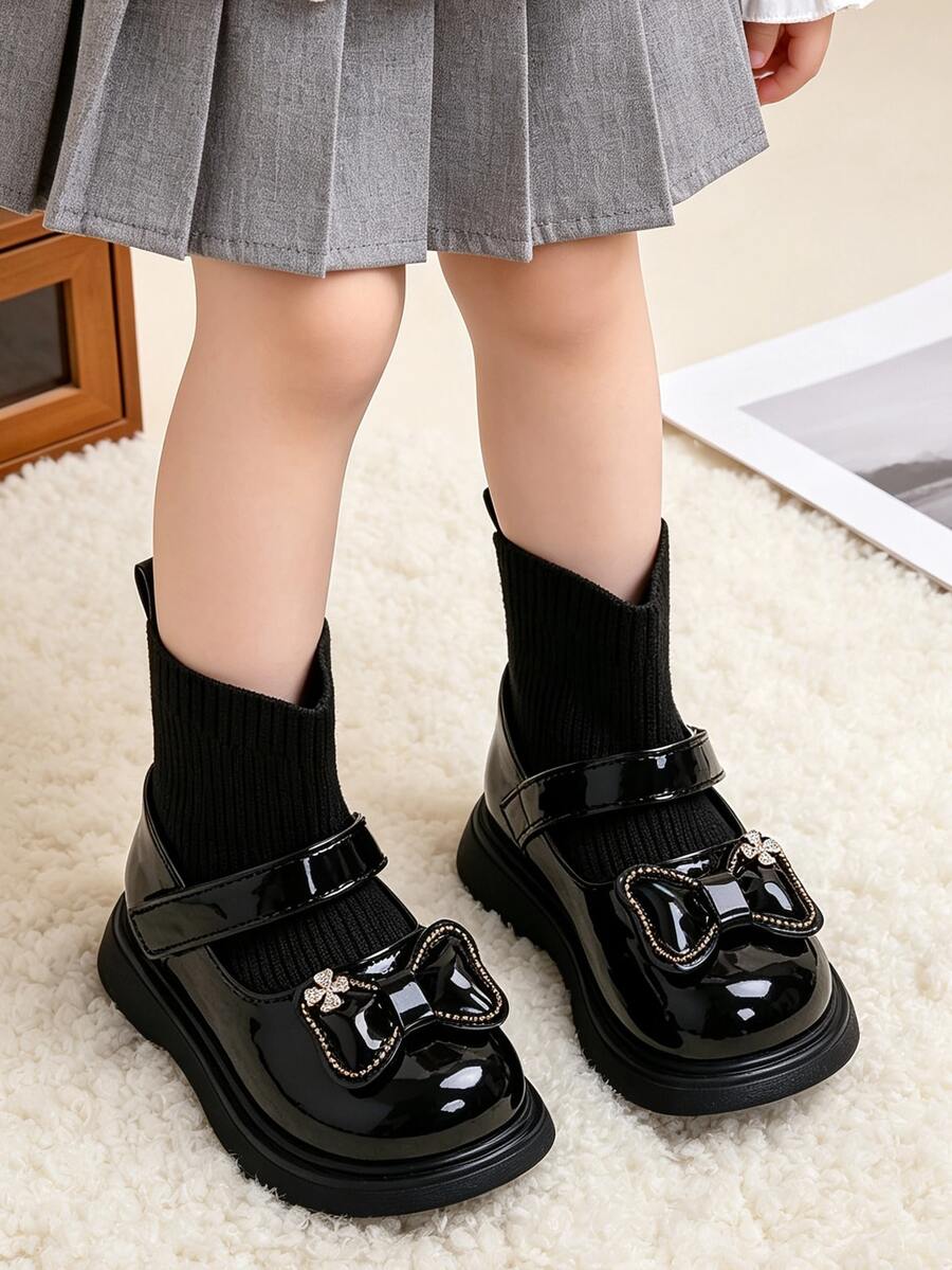 1 Pair Children's Mary Jane Patchwork Sock Boots, Cute Bow Decor Elastic Knitted Ankle Boots, Suitable For School And Outdoor Play, Suitable For Autumn/Winter - Black - View 1