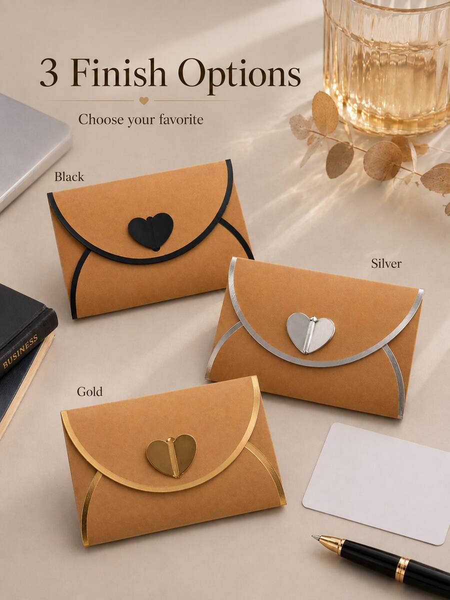 1pc Retro Kraft Paper Mini Envelope With Heart Clasp & Gold Foil Edge, Decorative Small Envelope For Gift Cards, Thank‑You Notes, Wedding Invitation Cards, Holiday Party Supplies - Multiple Styles - View 1