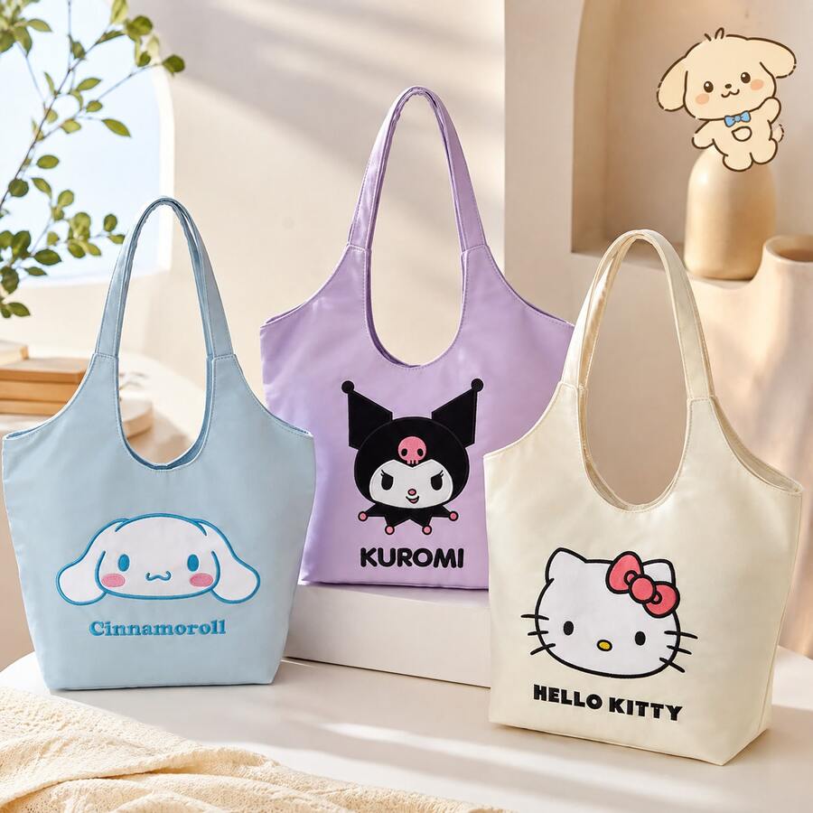1Pc Sanrio Official Large Capacity Tote Bag, Soft Casual Shoulder Bag With Cute Print, Lightweight Travel Storage Organizer For Daily Use, Portable Handbag For Women Girls - View 1