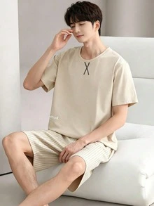 AICJ 男士純色休閒寬鬆極簡可穿戴春夏口袋圓領短袖格紋短褲居家睡衣套裝 2件組 - 米色 - 查看 1