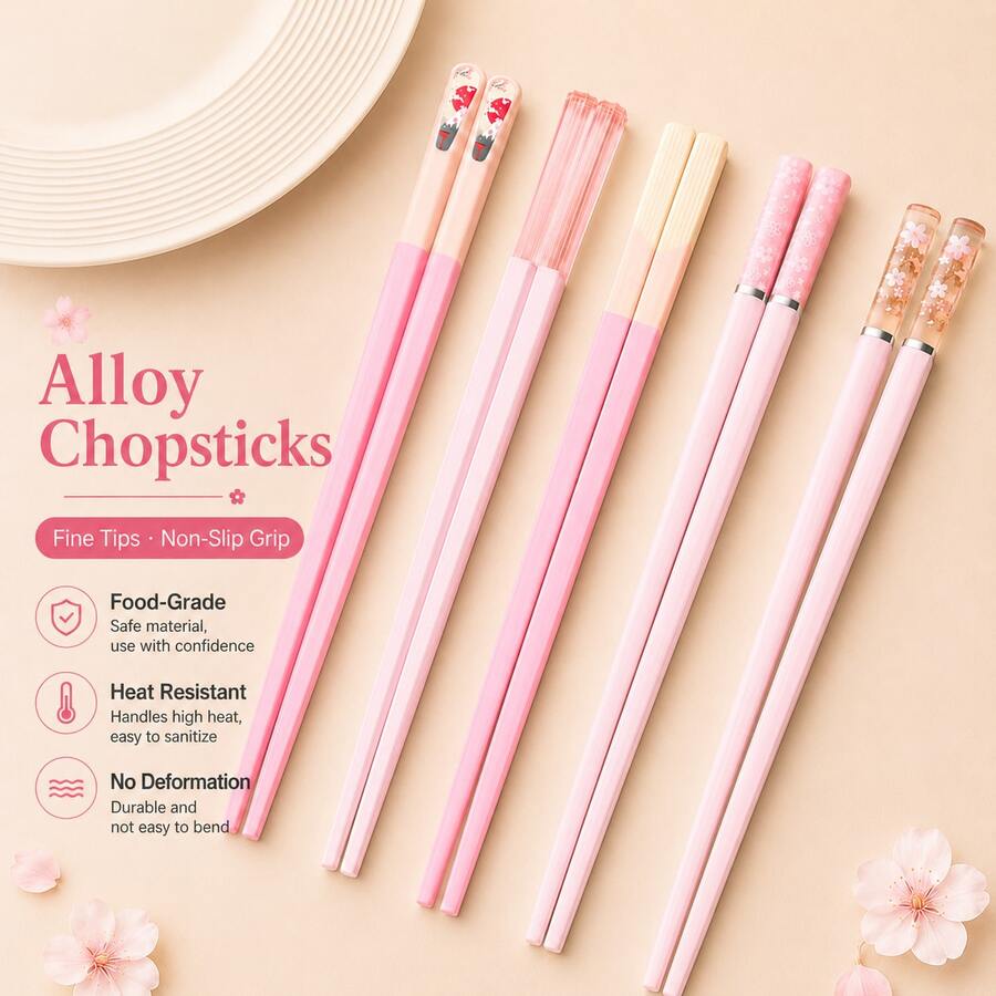 5 Pairs Floral Macaron-Colored Reusable Chopsticks, Durable PET Daisy Design For Home And Restaurant Use - View 1