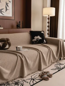 1pc Minimalist Solid Color All-Season Sofa Cover With Tassel Trim, Non-Slip Furniture Protector, Pet-Friendly Sofa Slipcover For 1/2/3/4 Seater And Sectional Sofas, Suitable For Living Room, Bedroom And Home Decor - Camel - View 9