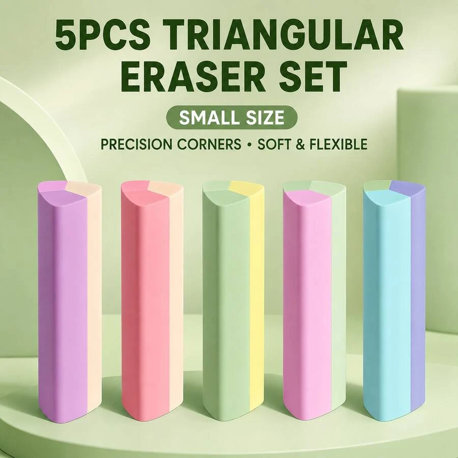 5PCS Triangle Eraser Set, Precision Pencil Erasers For Clean No-Smudge Erasing, Smooth Drawing & Sketching Tool For Art Supplies, School, Office & Daily Use - Colorful - View 1