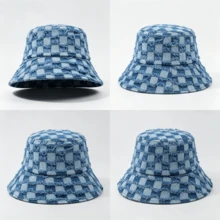 1pc Distressed Denim Plaid Brushed Bucket Hat, Minimalist Unique Style, All-Season Outdoor Beach Sun Protection Hat - Fisherman's Hat - View 5