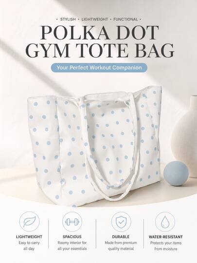 Women's Fresh Polka Dot Print Tote Bag, Large Capacity Fitness Handbag, Lightweight Waterproof Wear-Resistant Shoulder Bag, Light Blue Polka Dot Gentle Style, Spacious Interior Storage For Sports Items, Suitable For Gym, Commuting, Travel, Shopping, Casual Women's Bag