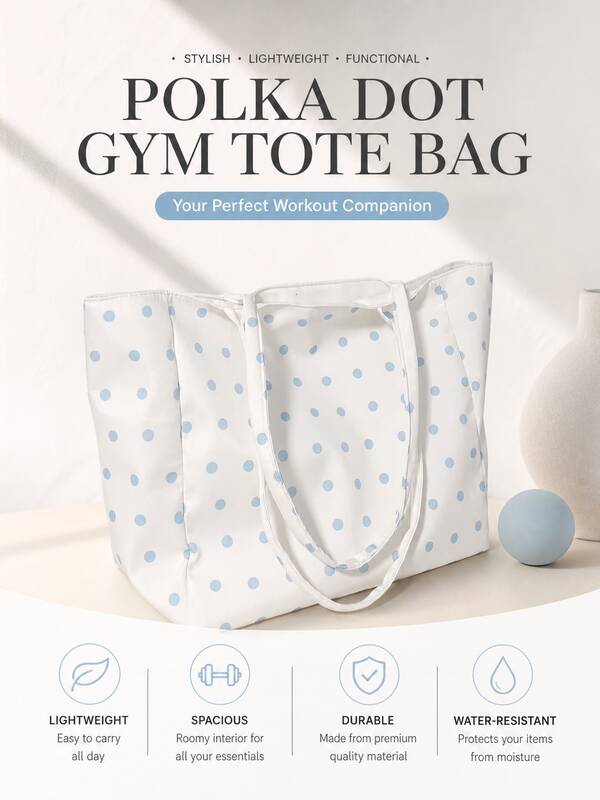 Women's Fresh Polka Dot Print Tote Bag, Large Capacity Fitness Handbag, Lightweight Waterproof Wear-Resistant Shoulder Bag, Light Blue Polka Dot Gentle Style, Spacious Interior Storage For Sports Items, Suitable For Gym, Commuting, Travel, Shopping, Casual Women's Bag