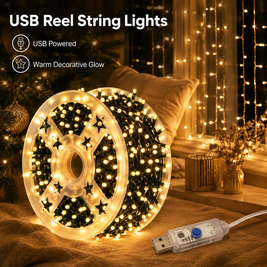 USB String Lights Fairy Lights 20M 180LED 30M 260LED 40M 320LED 50M 400LED 8 Modes Reel Wire Lights For Bedroom Window Patio Garden Wedding Party Christmas Halloween Decor
