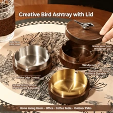 3/2/1pc/Set Walnut Color Windproof Ashtray With Bird-Shaped Lid, Detachable Rust-Proof Stainless Steel Inner Liner, Creative Nordic Style Living Room Office Coffee Table Decor Ashtray, Elegant Home Smoking Accessory, Perfect Christmas Gift - Golden - View 2